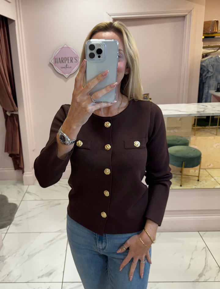 Elise Chocolate Gold Button Cardigan/Jumper