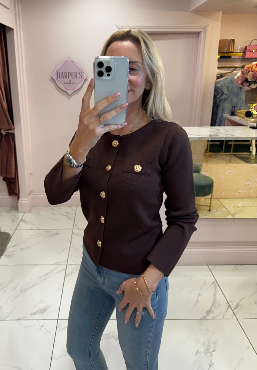 Elise Chocolate Gold Button Cardigan/Jumper