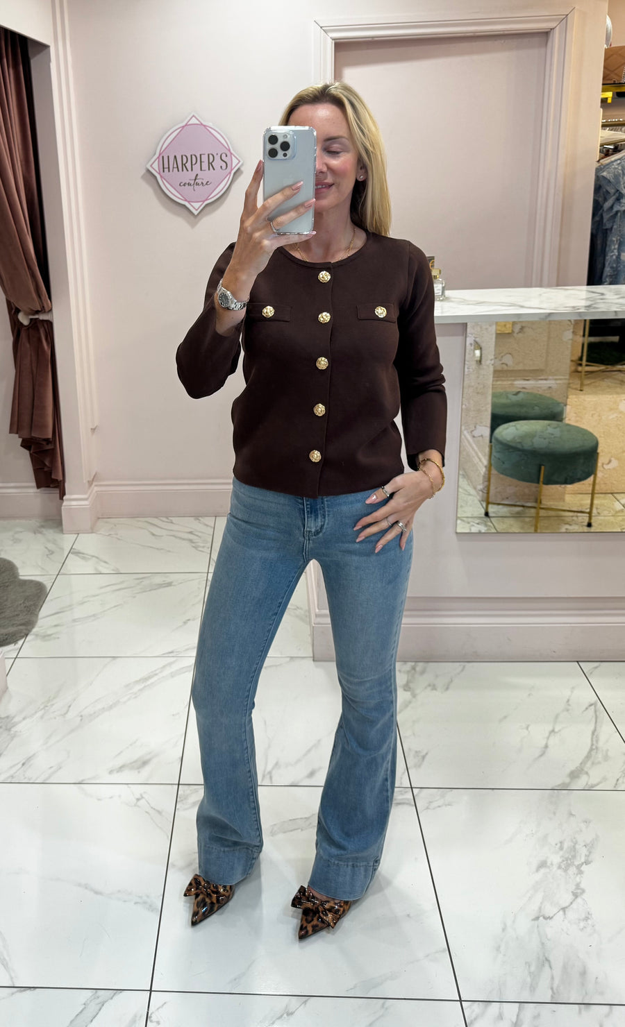 Elise Chocolate Gold Button Cardigan/Jumper