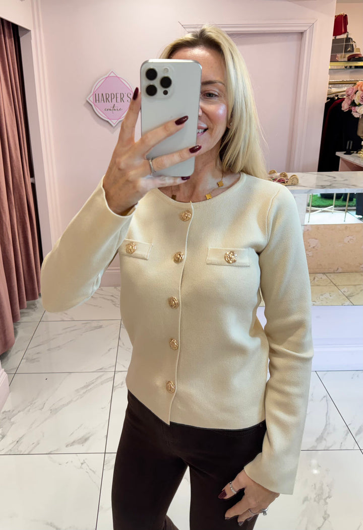 Elise Cream Gold Button Cardigan/Jumper