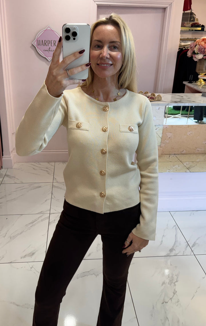 Elise Cream Gold Button Cardigan/Jumper