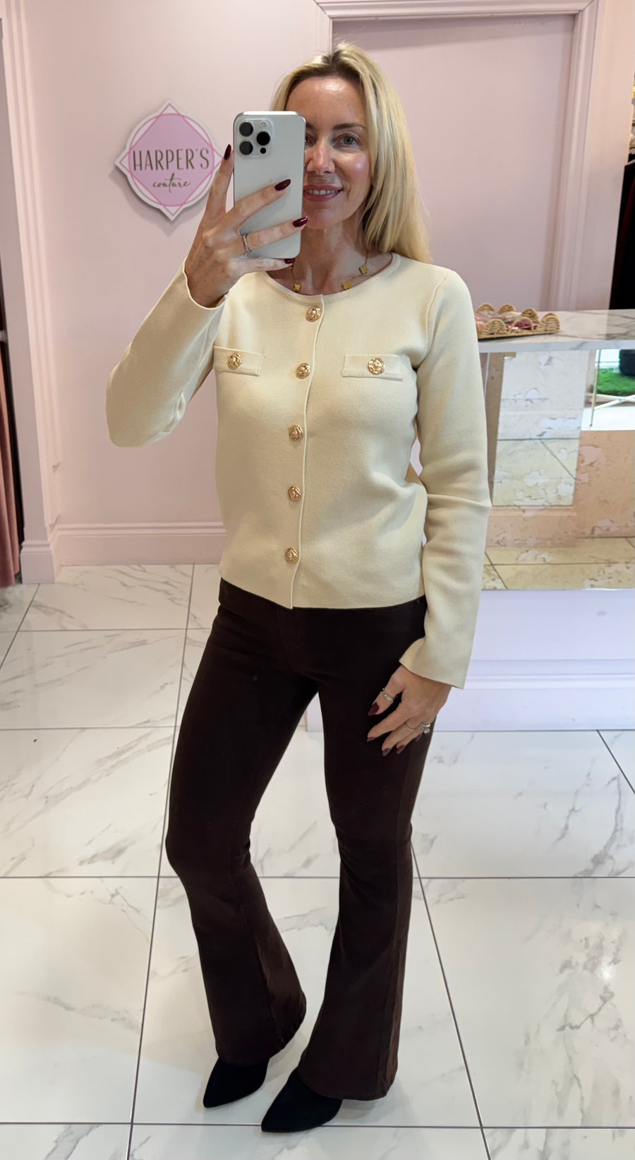 Elise Cream Gold Button Cardigan/Jumper