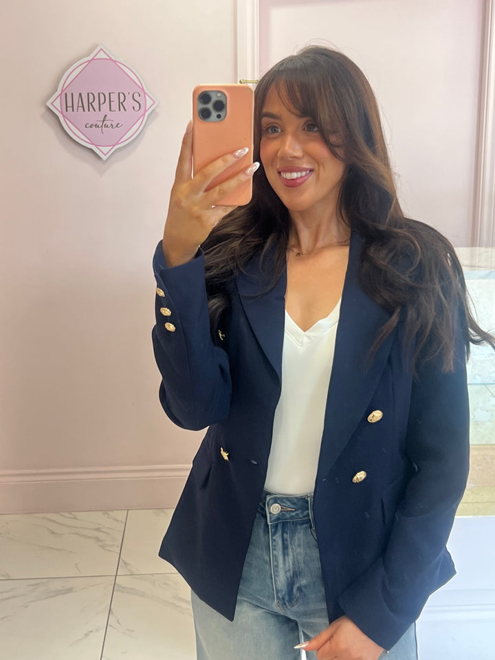 Alena Navy Gold Button Inspired Blazer