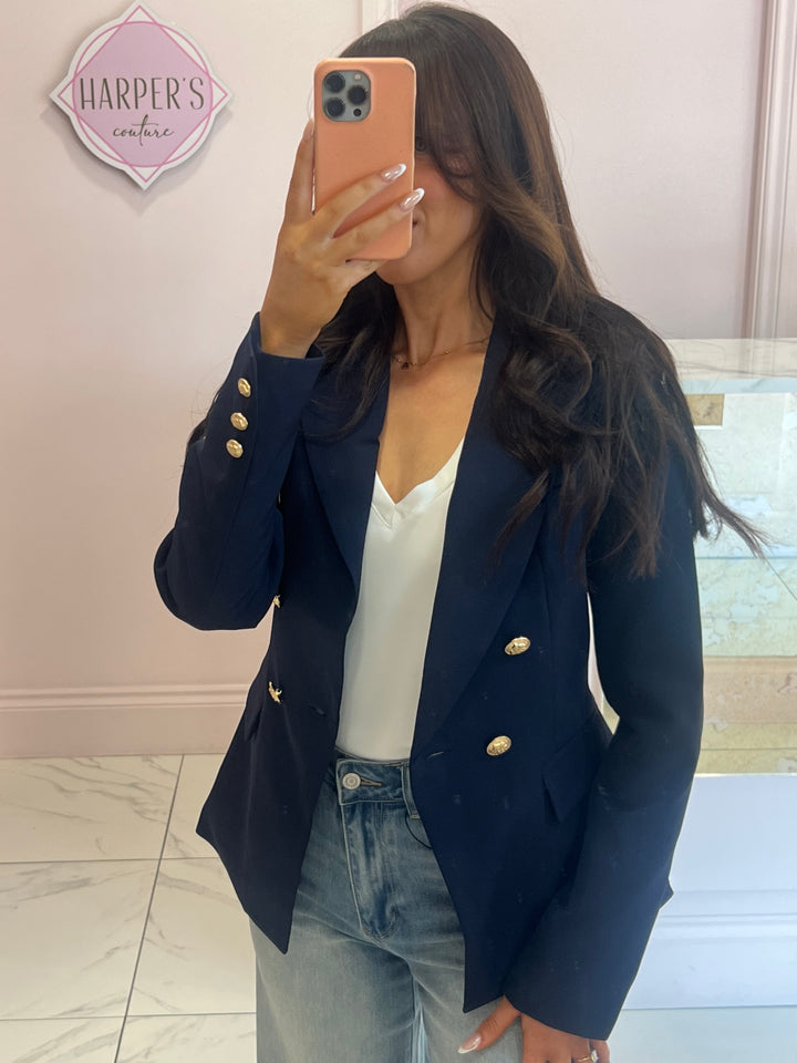 Alena Navy Gold Button Inspired Blazer
