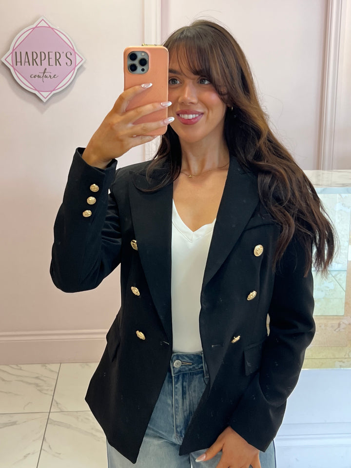 Alena Black Gold Button Inspired Blazer