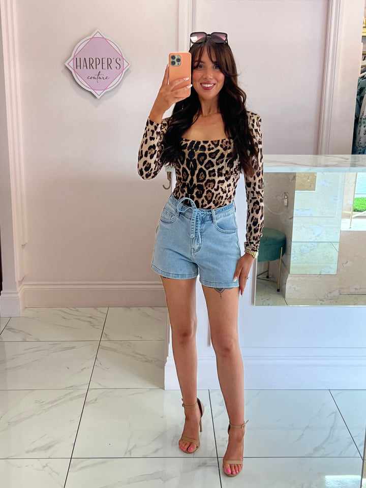 Rhea Leopard Print Shoulder Pad Bodysuit