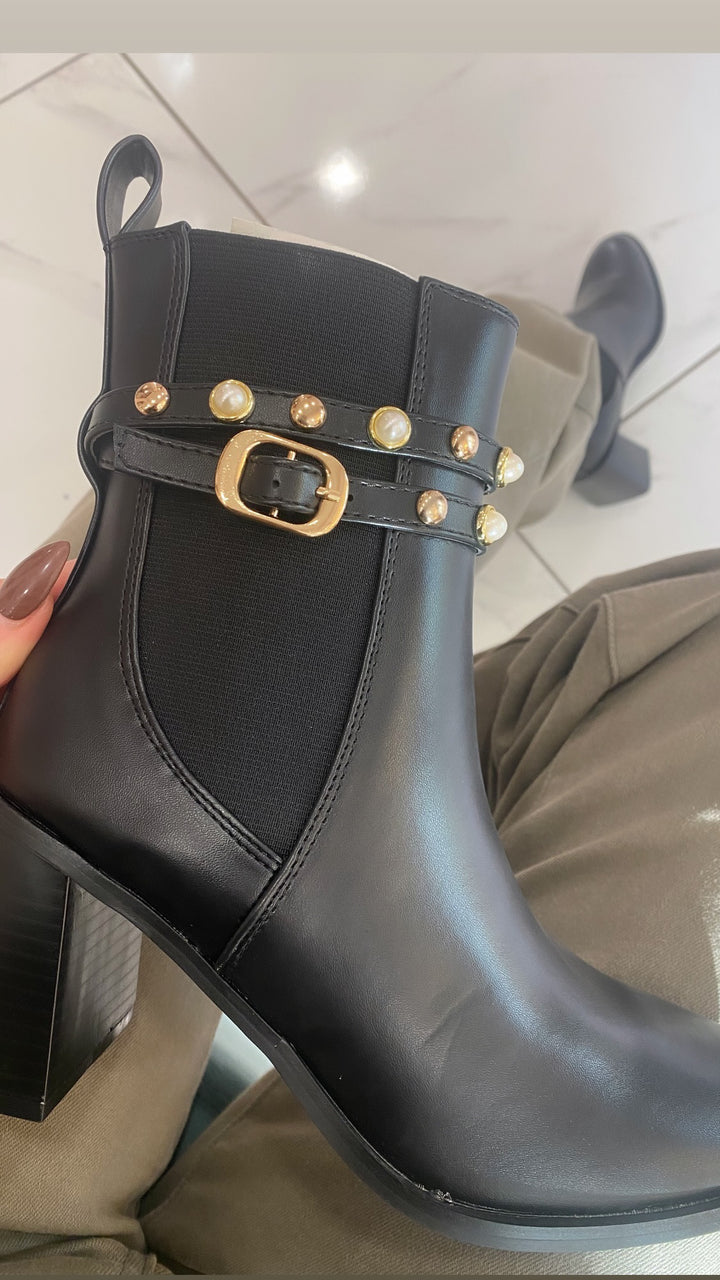 Black Block Heel Pearl Detail Ankle Boots