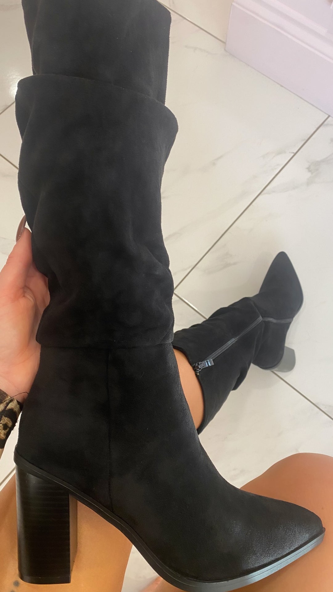 Sally Suede Effect Block Heel Knee High Boots