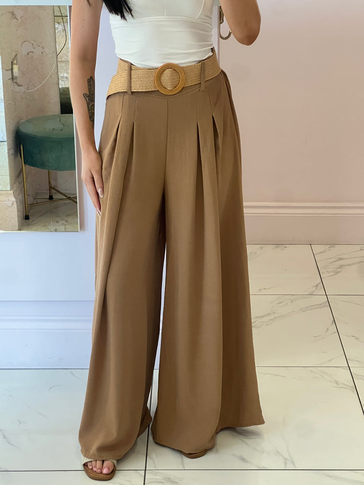 Adrianna Camel Wide Leg Belted Trousers