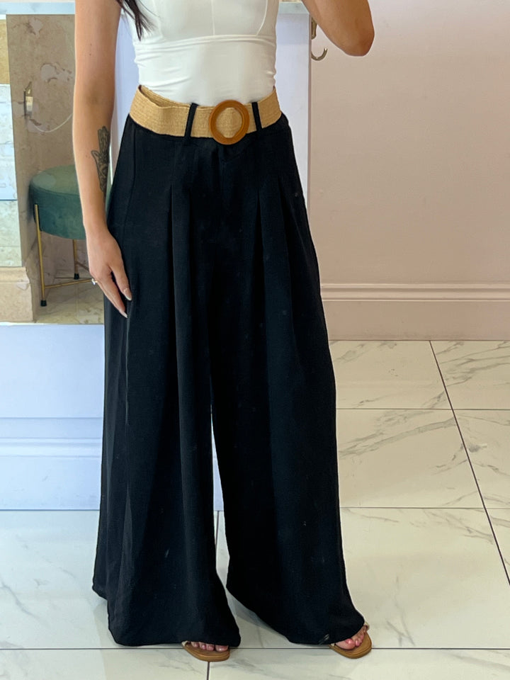 Adrianna Black Wide Leg Belted Trousers  on