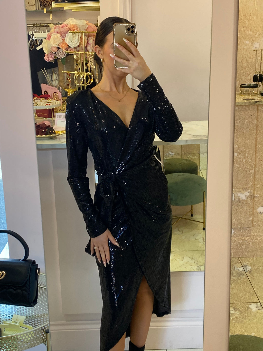 Sonia Black Sequin Sparkle Wrap Dress