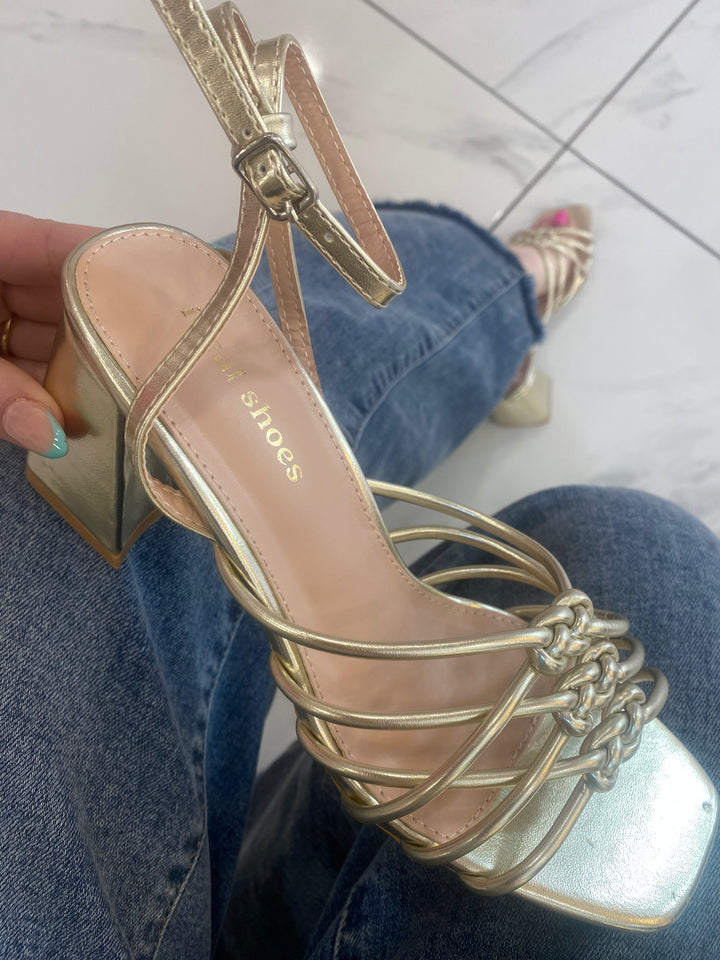 Goldie Gold Knot Detail Block Heel Sandal