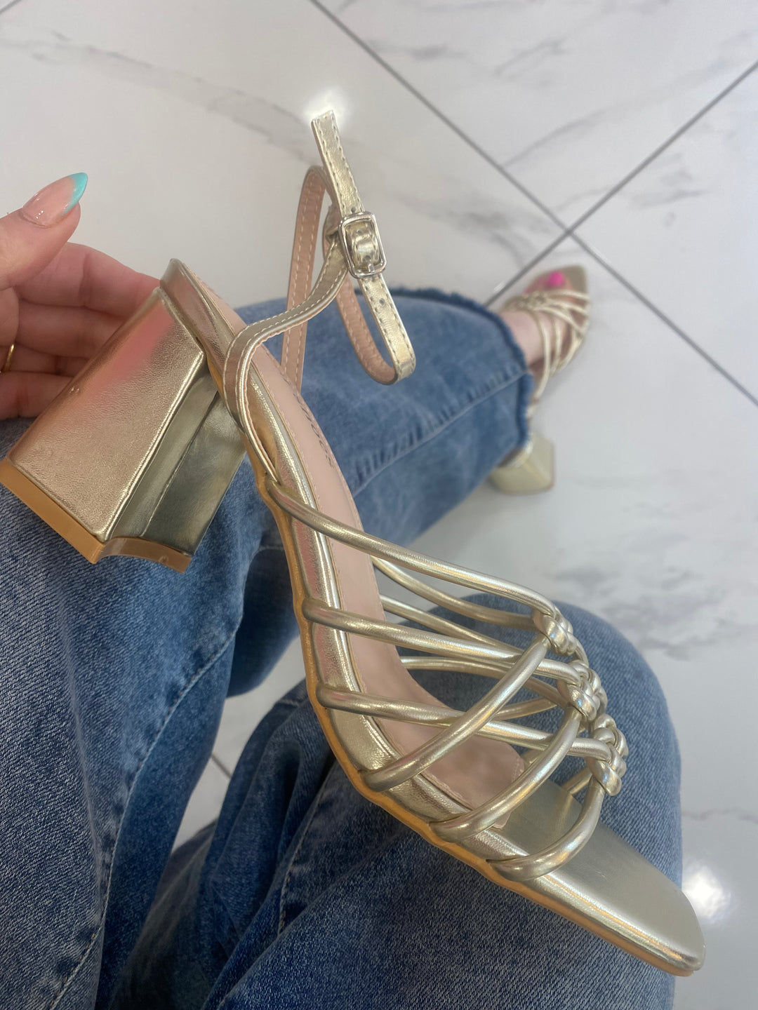 Goldie Gold Knot Detail Block Heel Sandal