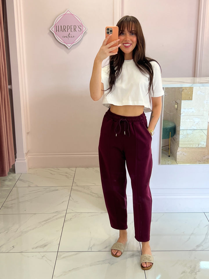 Evie Burgundy Super Soft Seam Front Tapered Trousers