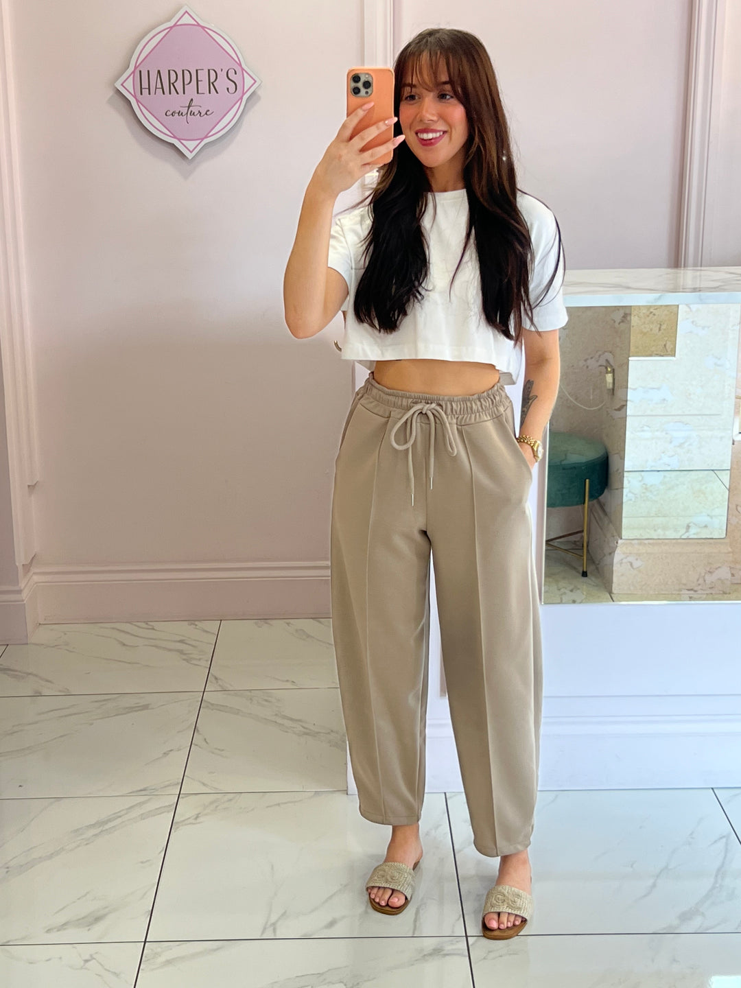 Evie Taupe Super Soft Seam Front Tapered Trousers