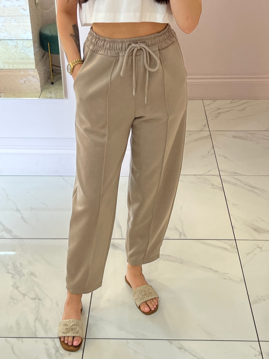 Evie Taupe Super Soft Seam Front Tapered Trousers