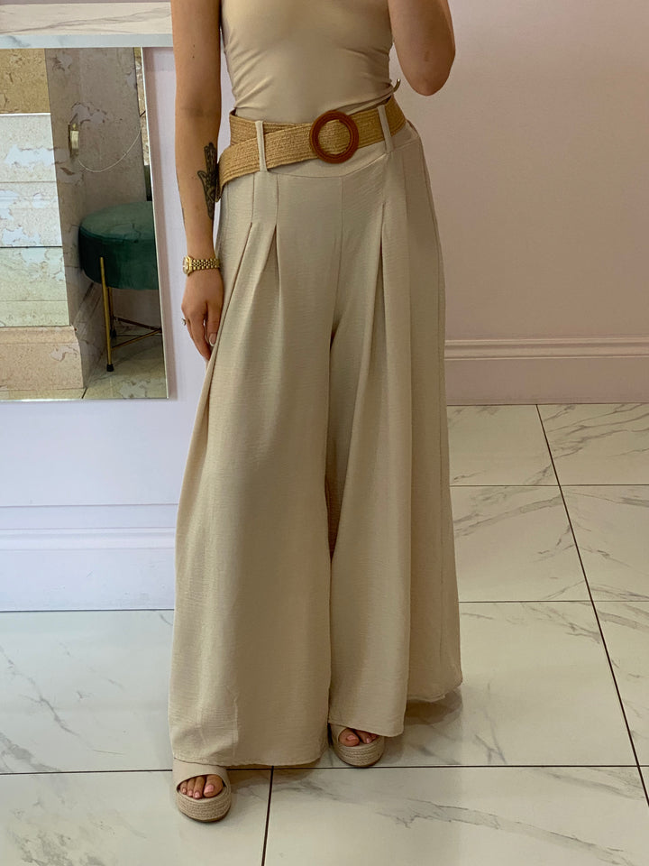 Adrianna Beige Wide Leg Belted Trousers