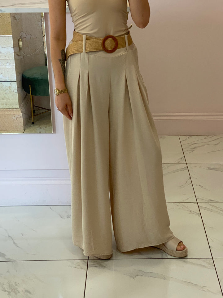 Adrianna Beige Wide Leg Belted Trousers