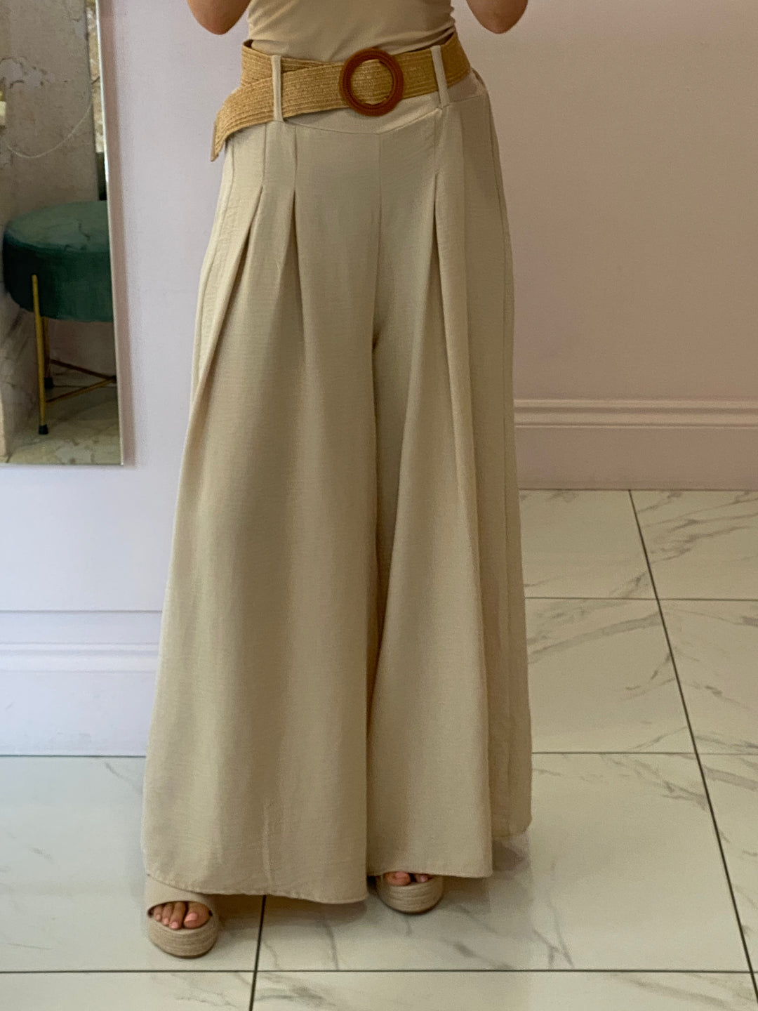 Adrianna Beige Wide Leg Belted Trousers